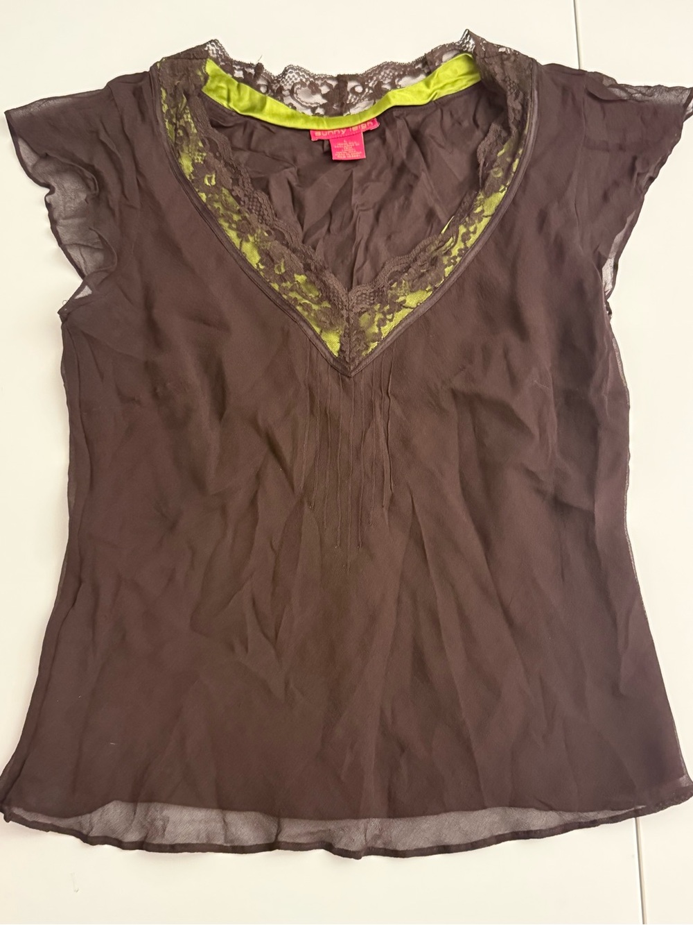 Y2K Sunny Leigh Brown Lace-Trim V-Neck Blouse with Lime Accent Size L 100% SILK